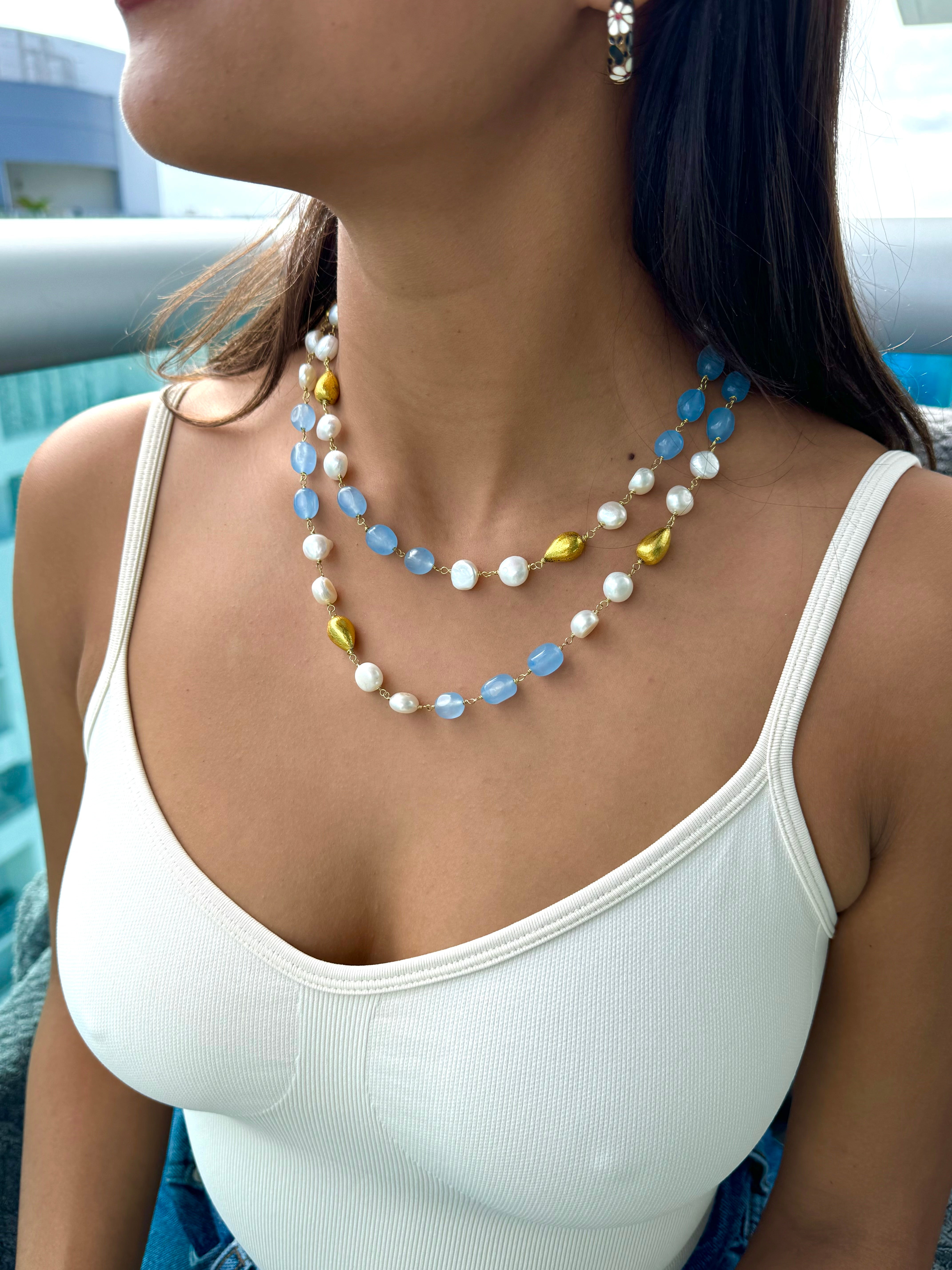 Freshwater pearl jade  double strand necklace