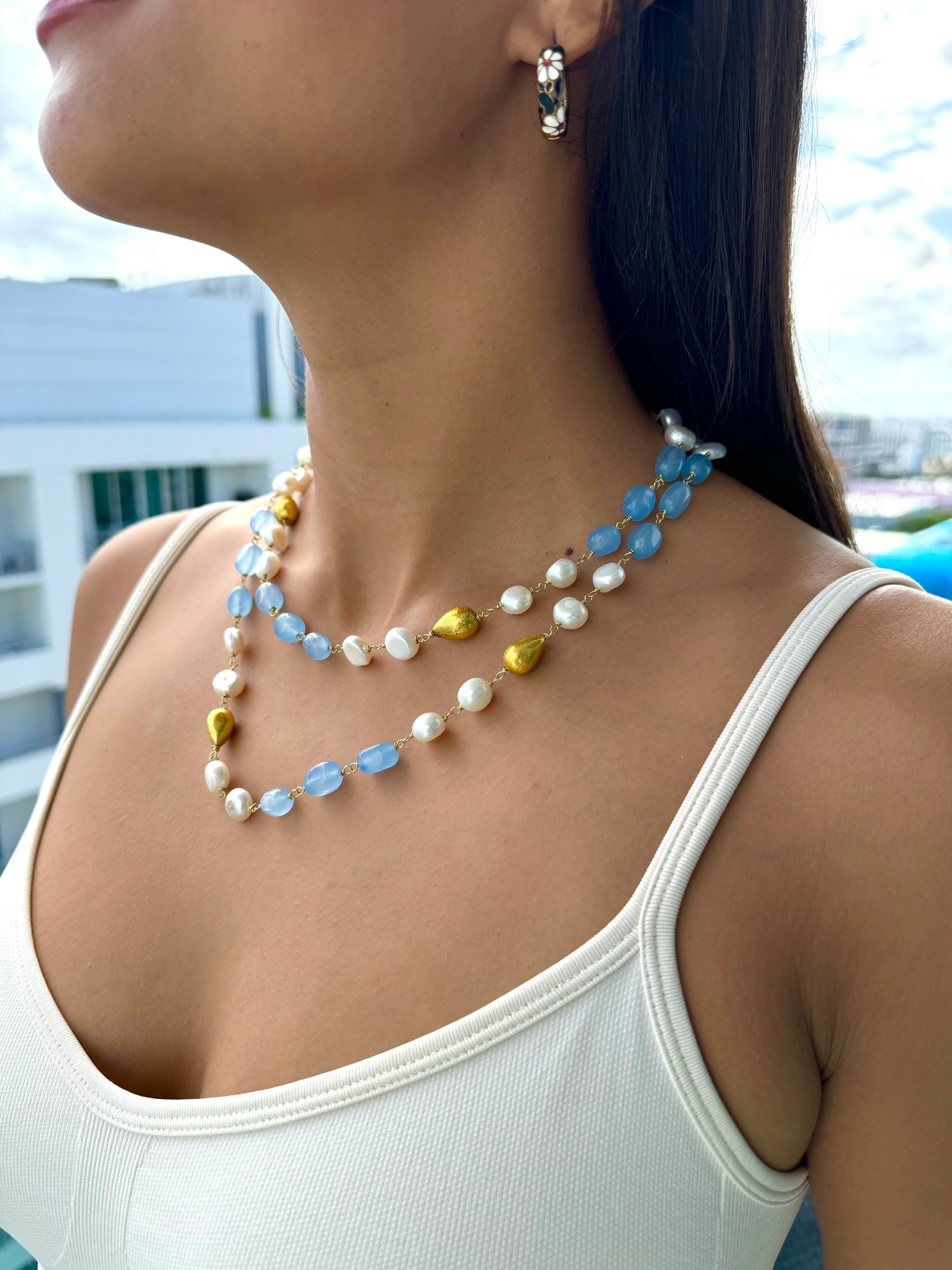 Freshwater pearl jade  double strand necklace