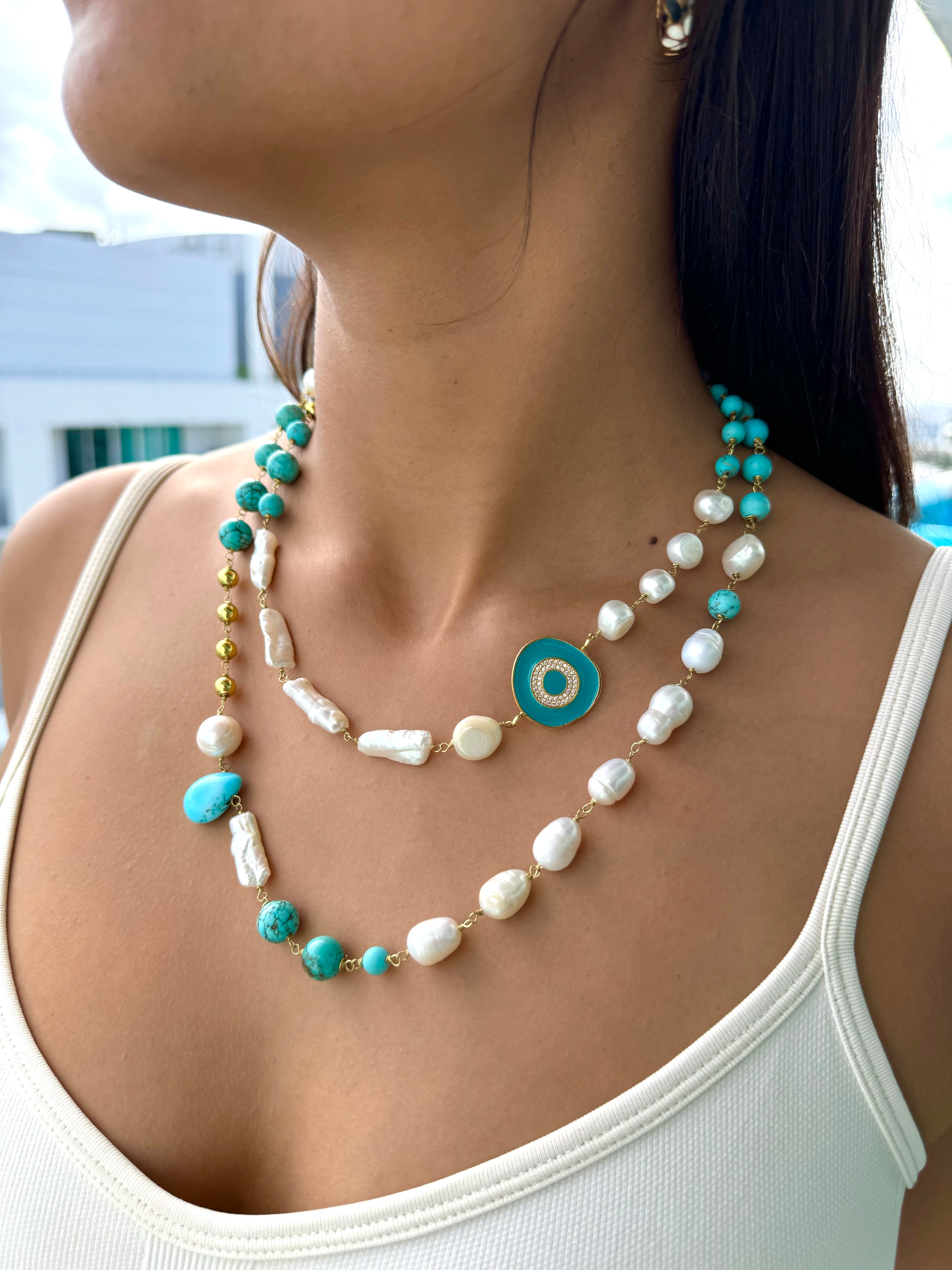 Pearl turquoise double strand necklace