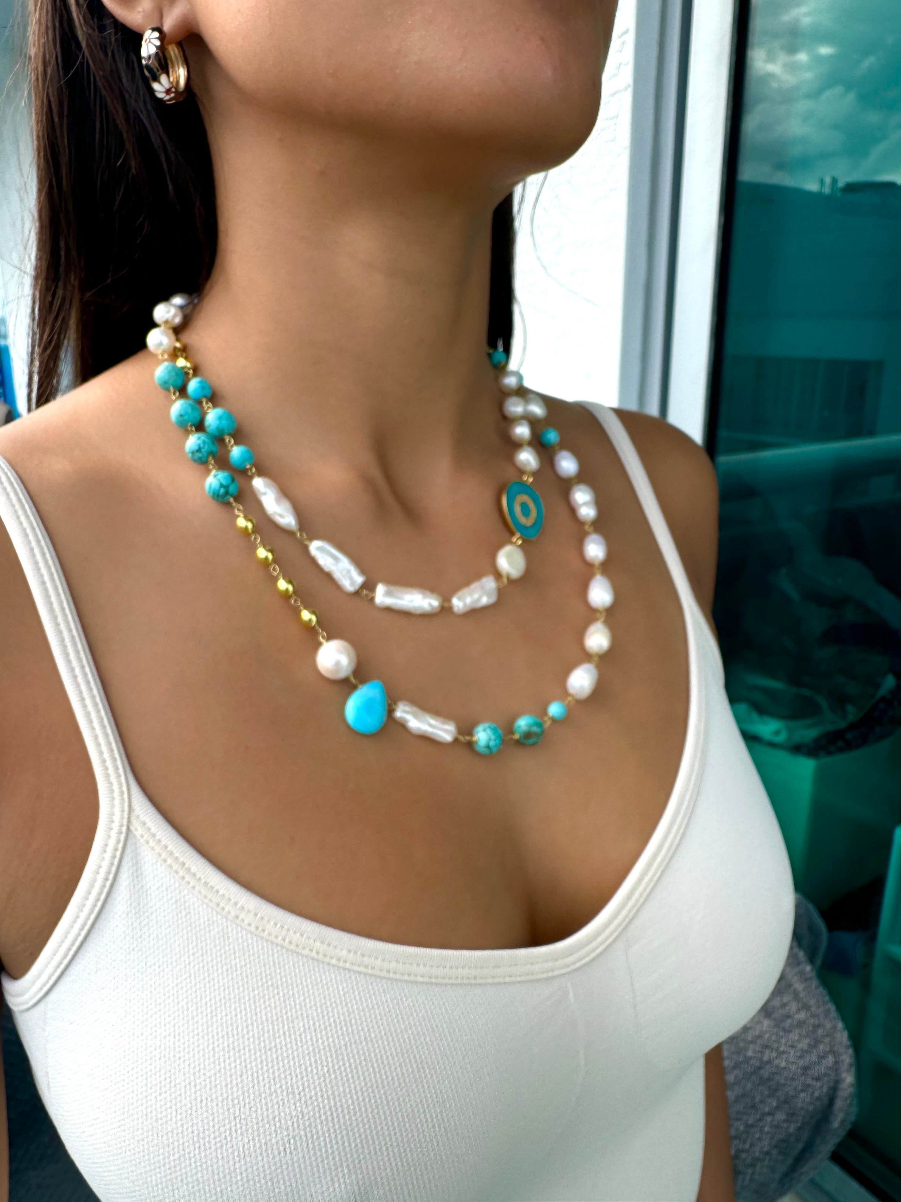 Pearl turquoise double strand necklace