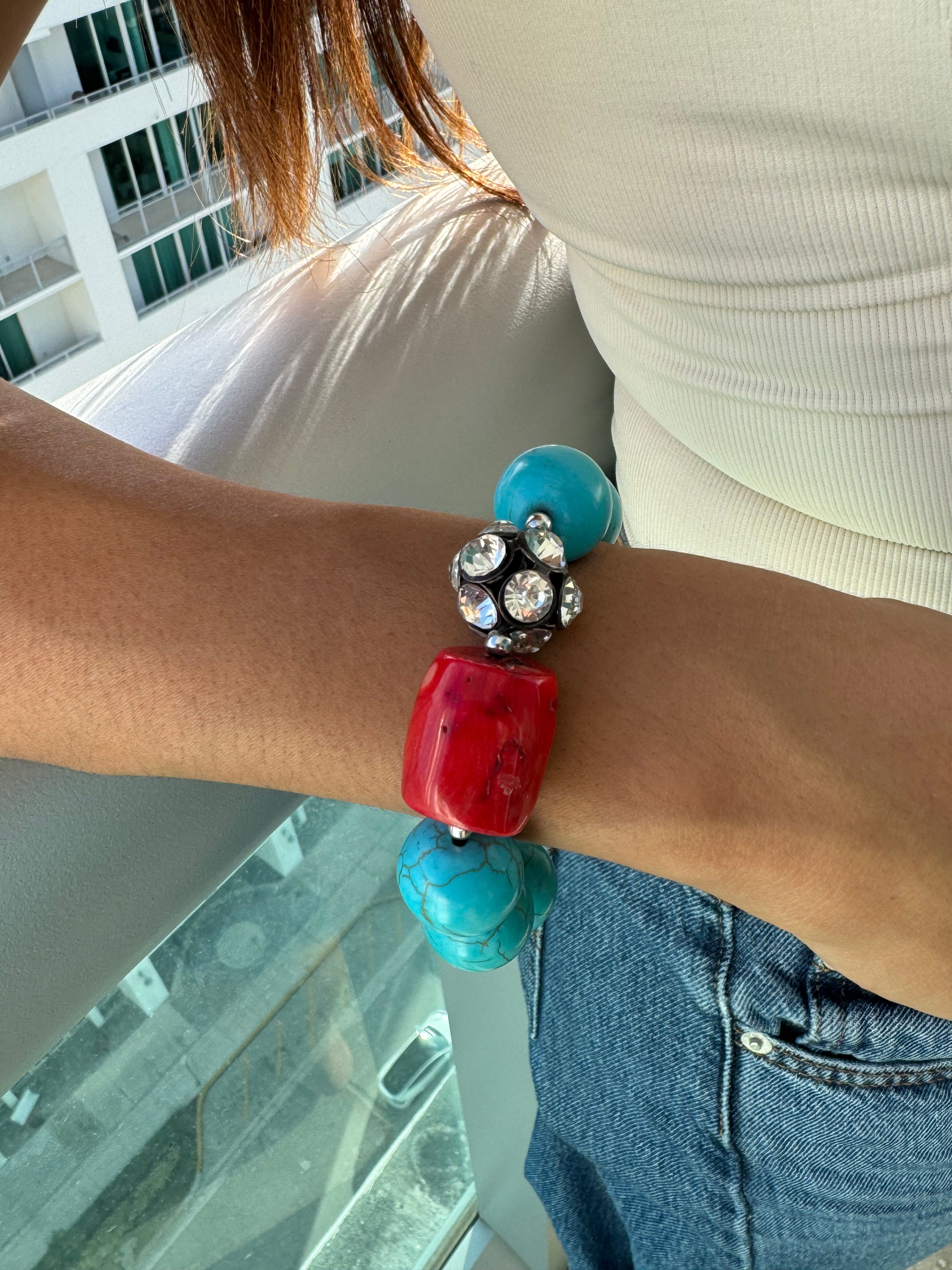 Turquoise / coral  stretch bracelet