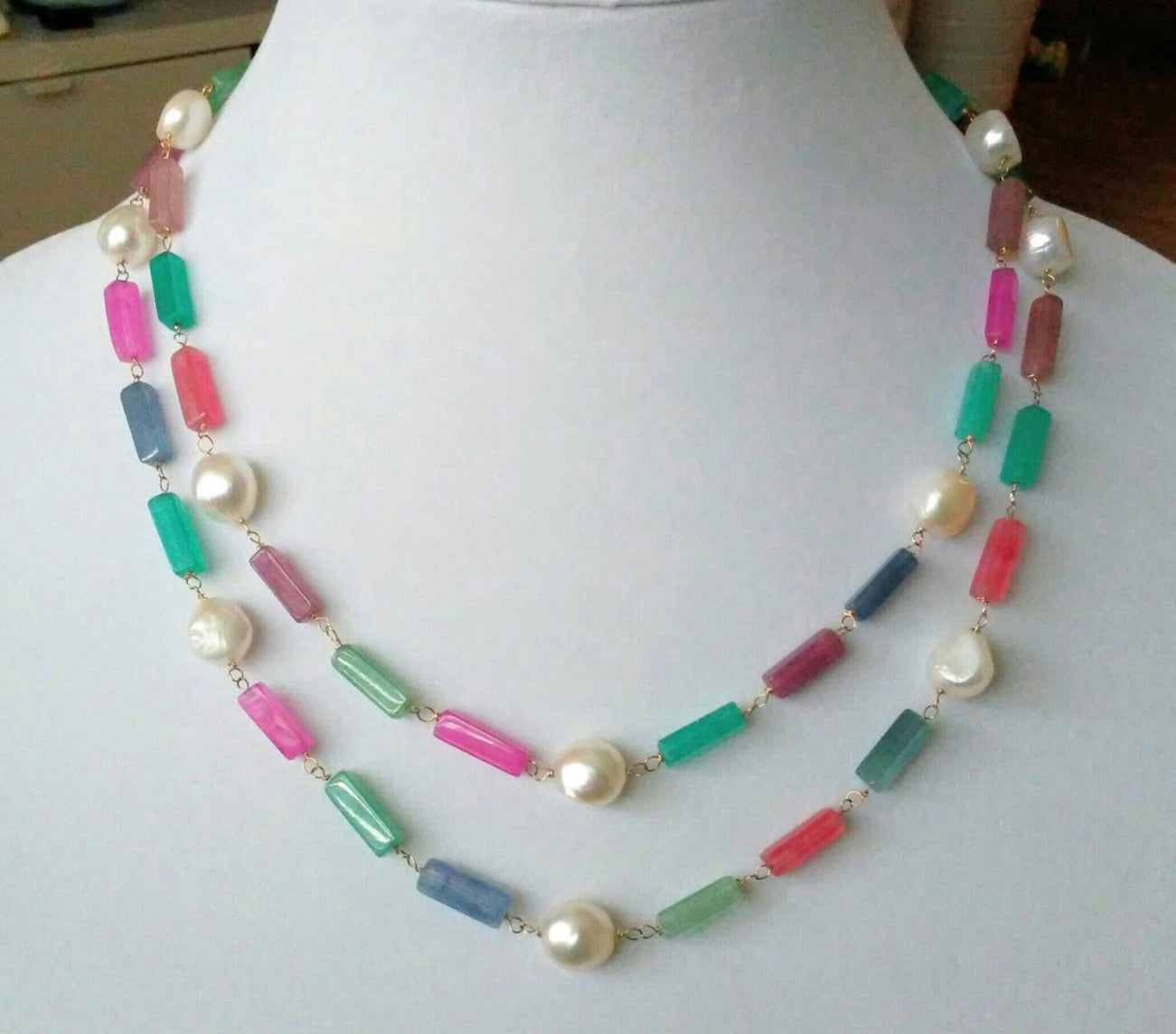 Multicolor necklace, gold filled wire wrapped necklace, double strand necklace, jade necklace, unique necklace, yvaquecreations